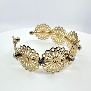 Vintage Gold Tone Filigree Flower Cuff Bracelet with Rhinestones Boho